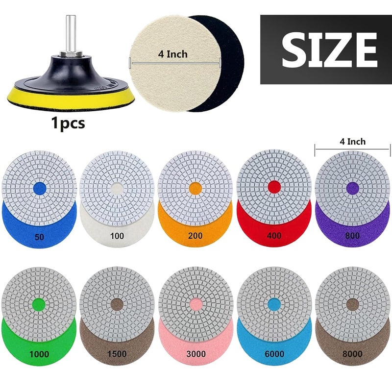 Ceeintee 4 Inch Diamond Polishing Pads, 14 PCS 50-8000 Grit Wet/Dry Granite Stone Polish Pad Kit with 5/8’’-11 Backer Pad, Drill Adapter and Wool Disc - Image 2